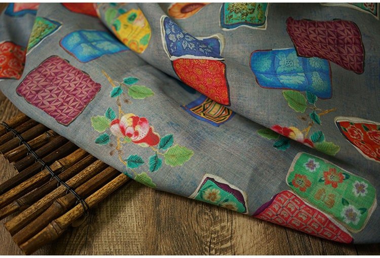 Vintage Style Ramie Fabric: Floral Art Print, 55" Wide - Poppylollipop