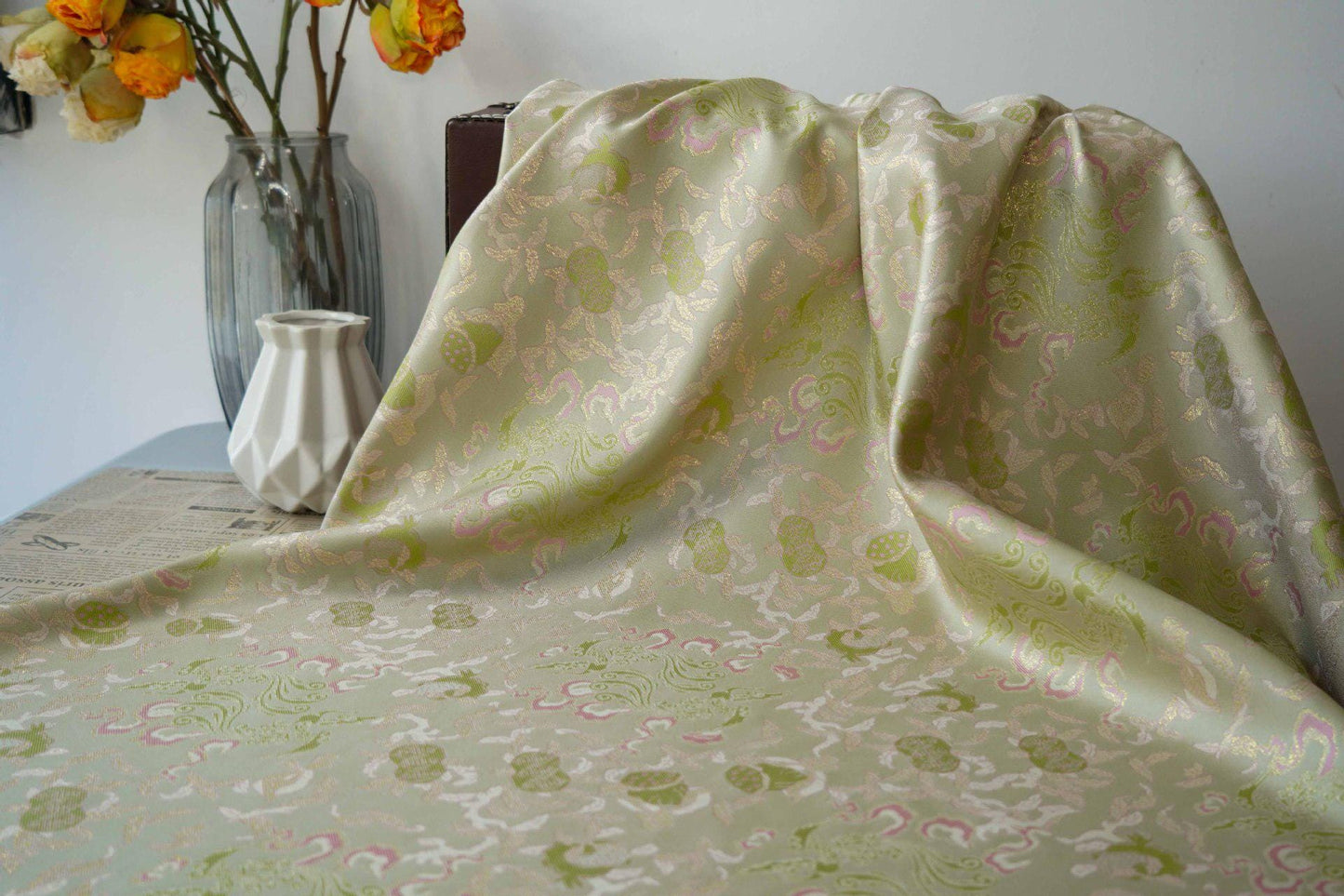 Bean Green Jacquard Fabric with Gold Thread: 55" Wide