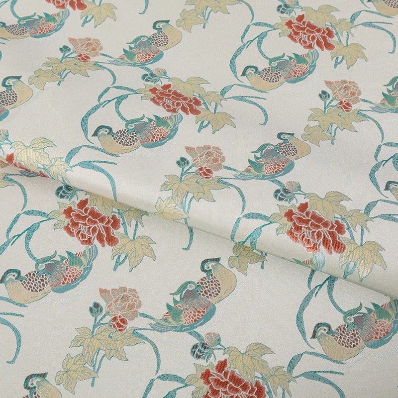 59"W Rayon Silk Brocade Fabric: Mandarin Duck Floral Design