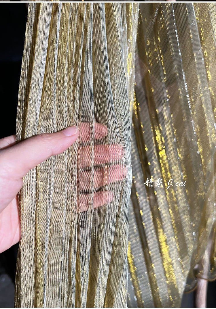 Sheer Glitter Pleated Mesh Fabric, 59"W, Gold & Silver Thread - Poppylollipop