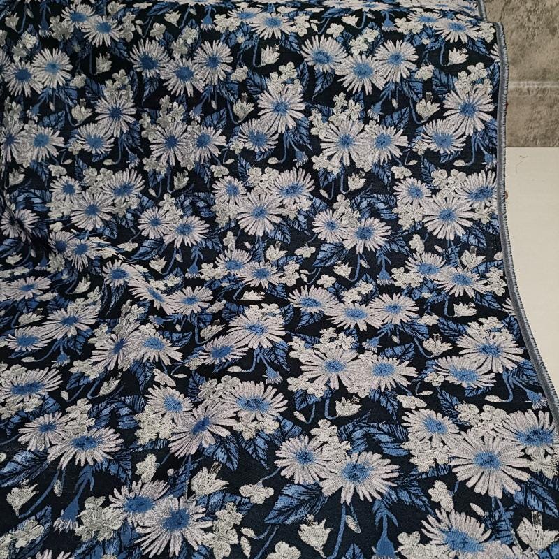 Reversible Floral Jacquard Fabric: Retro Blue Embossed Woven Material, 59"W