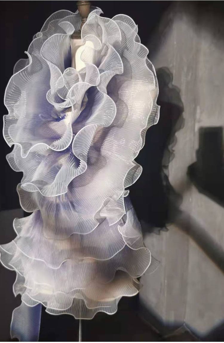 Pleated Ruffle Organza Fabric: 3D Folds, Stiff Texture - 5.9" Wide