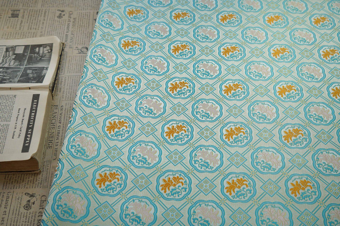 Magnolia Brocade Fabric: Bean Green Chinese Rayon Blend, 64"W