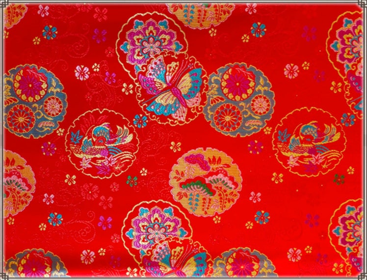Red Butterfly Brocade Fabric: 59" Wide Silk Rayon Jacquard