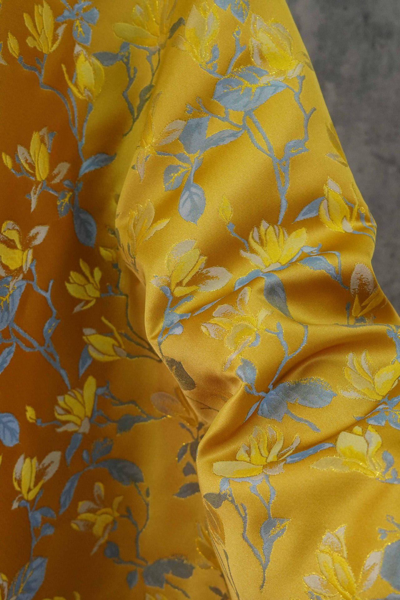 Yellow Magnolia Double-Sided Jacquard Upholstery Fabric ��� Elegant Home Decor Material by the Ya"Wide