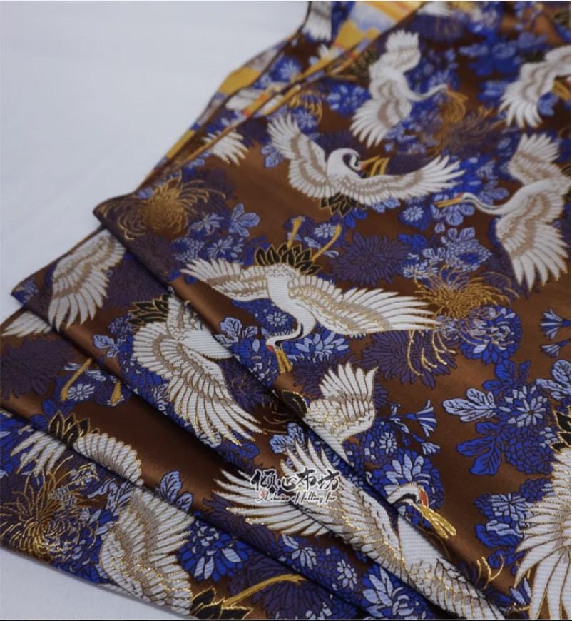 Crane Jacquard Satin Fabric: Japanese Brocade, Silver Grey, 29.5"W