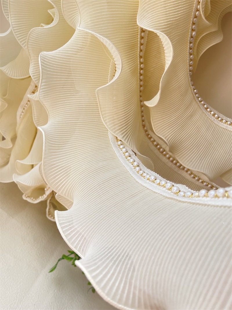 Ivory Pleated Chiffon Trim: Beaded Ruffled Fabric, 4.3" Width