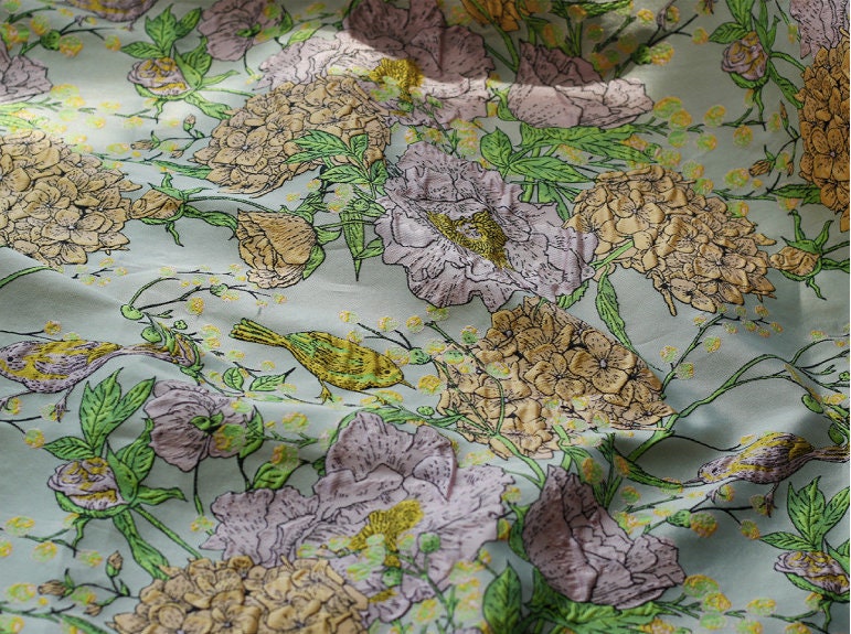 Embossed Jacquard Fabric: 3D Birds and Flowers, 55" Wide