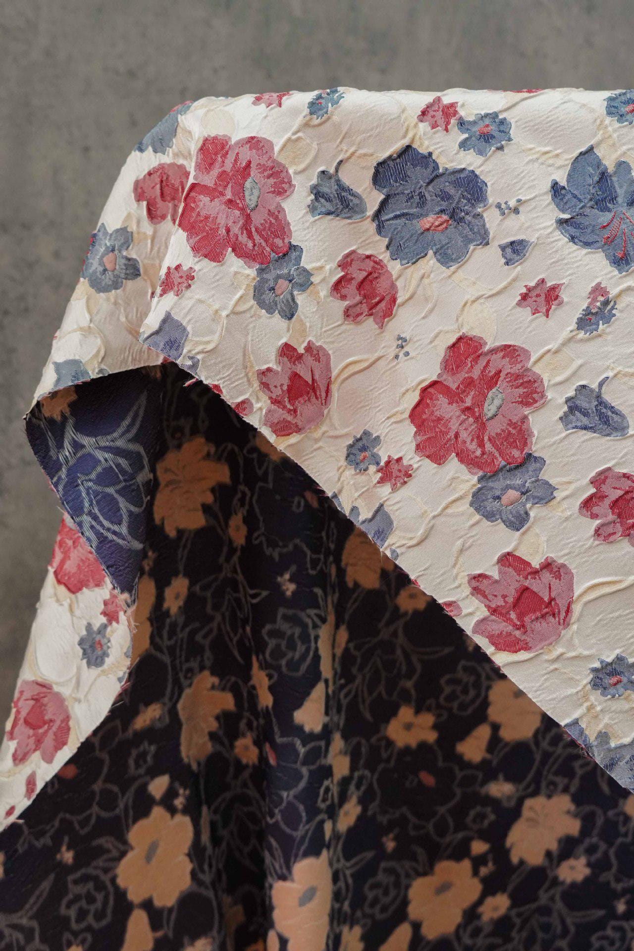 Reversible Jacquard Woven Fabric: Blue Red Embossed Flower, 60" Wide