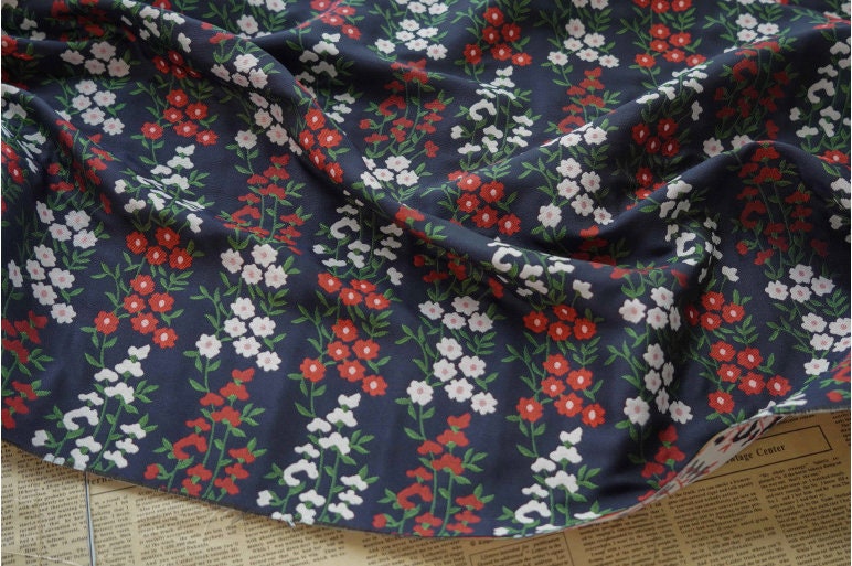Dark Blue Floral Jacquard Fabric: Reversible Embossed Weave, 57"W