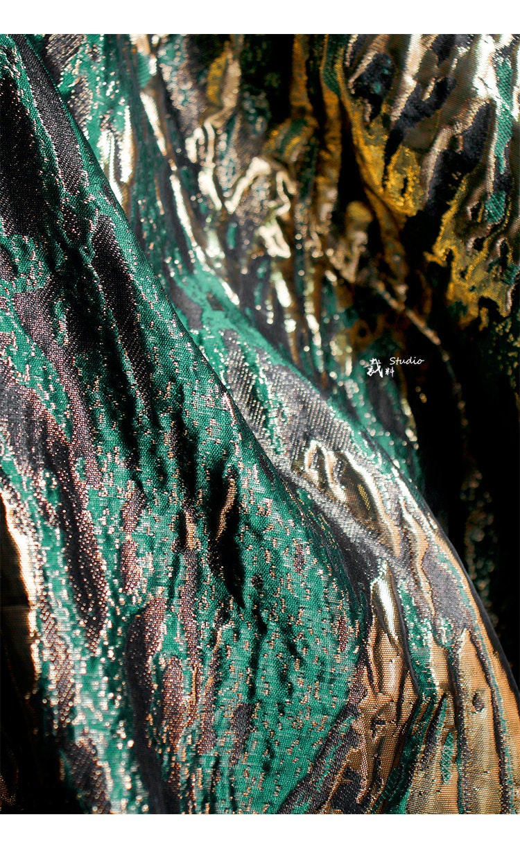 Medieval Green Gold Jacquard Fabric: Shiny Texture, Upholstery & Sewing, 56" Wide