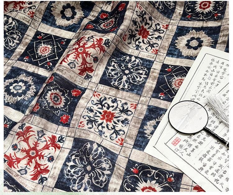 Dunhuang Indigo-Red Tencel Jacquard Brocade Fabric: Asian Chinese Style Tencel (59"W)