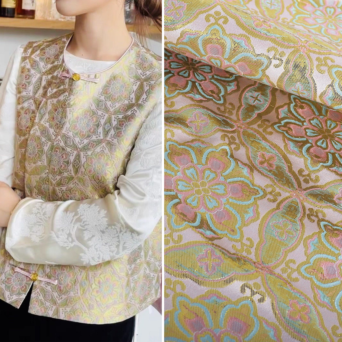 Tissu brocart Baoxiang de Dunhuang : 150 cm de large, tissu pour robe cheongsam tibétaine
