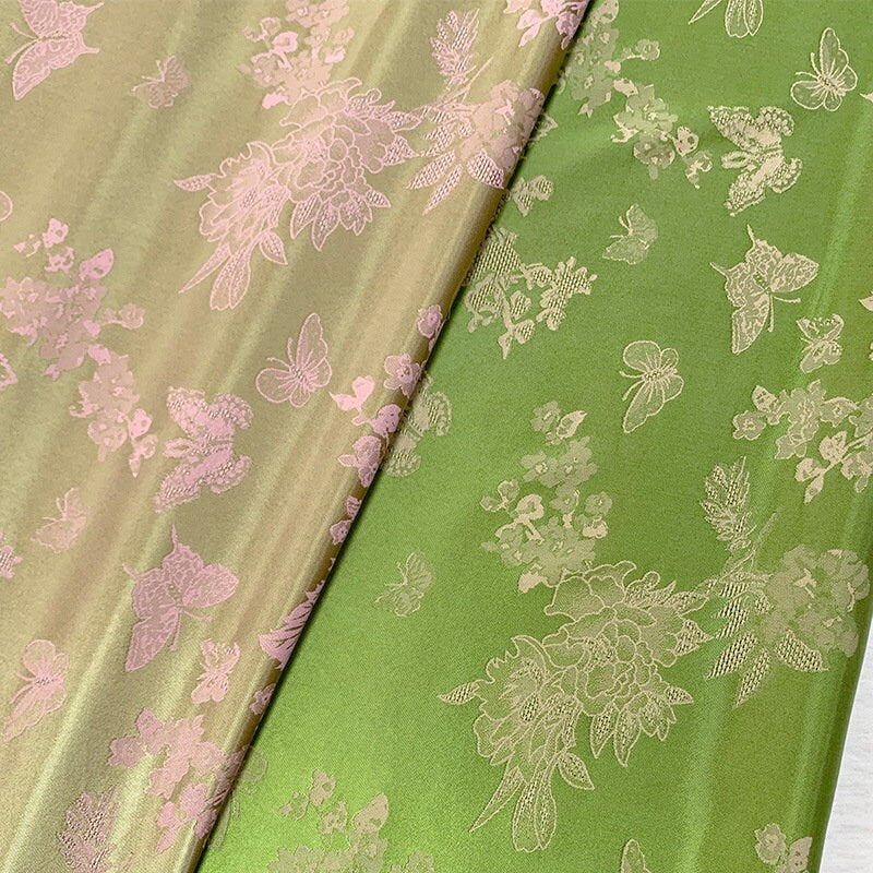 Butterfly Floral Print Fabric: Green Botanical Polyester Spandex Blend