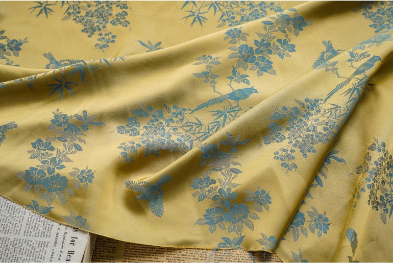 Jacquard Rayon Fabric: Bird & Floral Print, 59" Wide - By The Meter