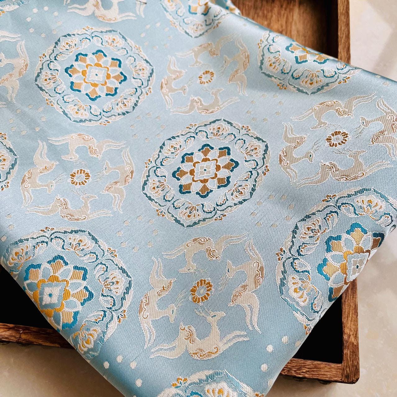 Blue Mongolian Brocade Fabric: 59" Wide, Tibetan Gown Sewing Fabric