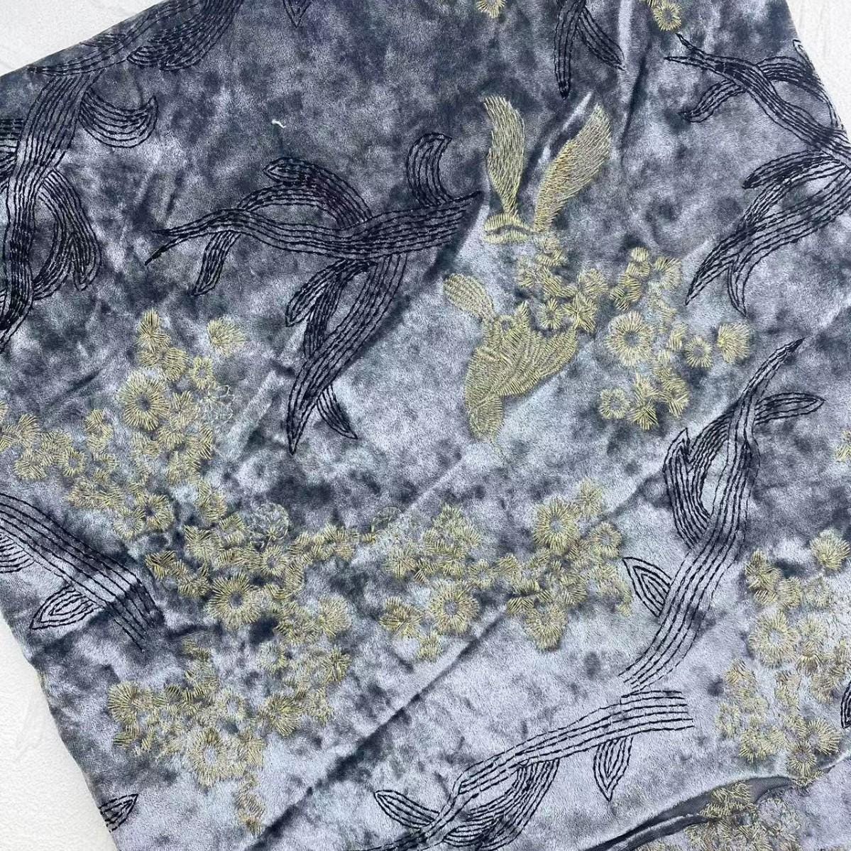 Embroidered Velvet Fabric: Beaded Pillar Design, 43"W Designer Material