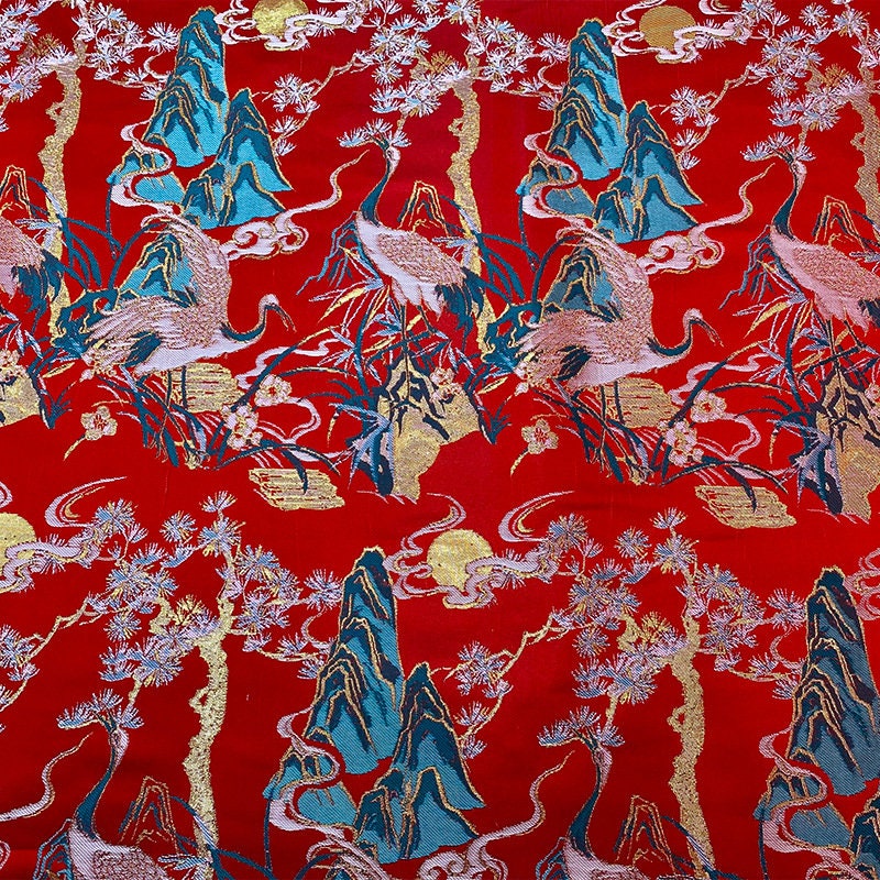Crane Jacquard Satin Fabric: 59"W Brocade Cheongsam Sewing Fabric