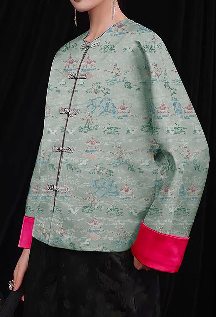 Tissu brocart Nishijin : Kimono Garden bleu aqua, 150 cm de large