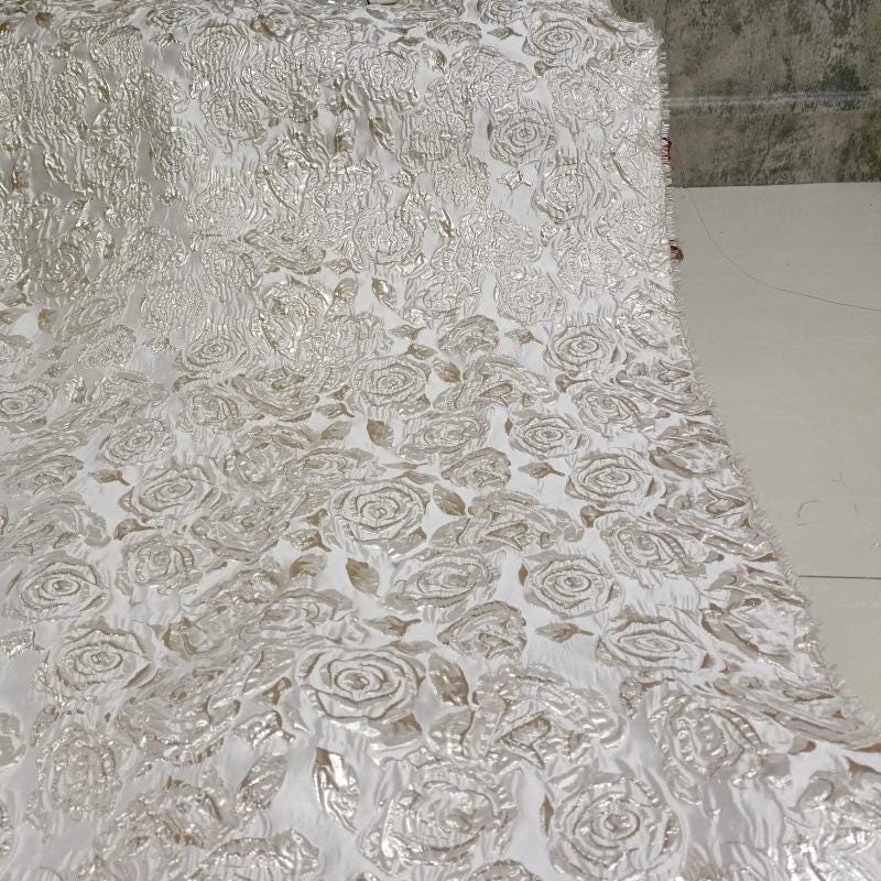 Gold Rose Embossed Jacquard Fabric | 3D Floral Brocade (54" Wide)