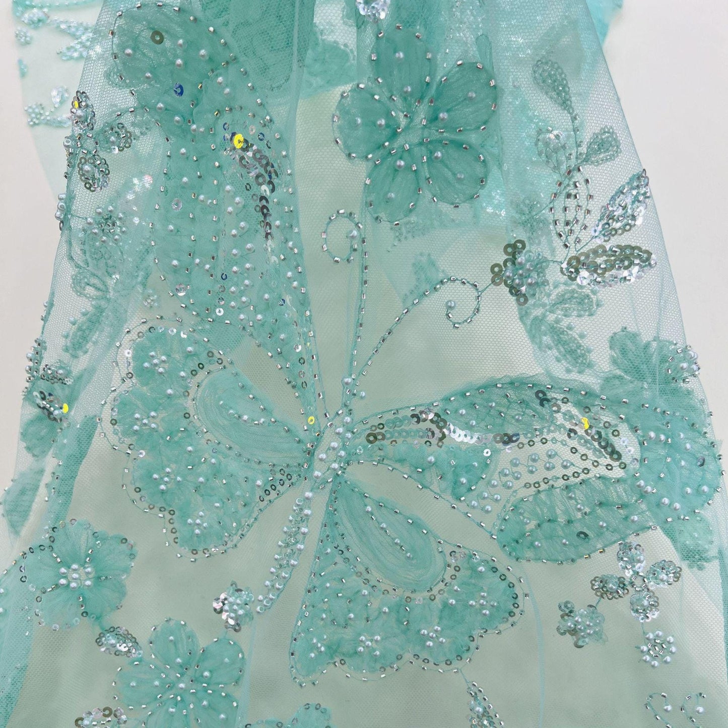 Teal Blue Beaded Embroidery Fabric: Bridal Wedding Veil, DIY Accessories