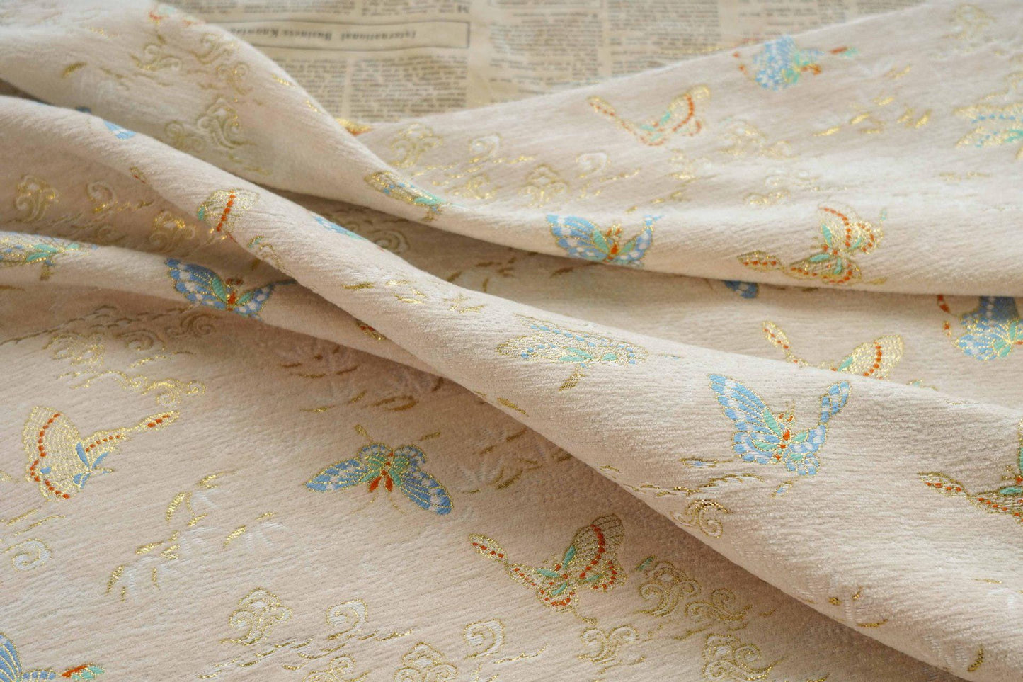 Beige Chenille Jacquard Fabric: Butterfly Foil Upholstery, Costume, Decor