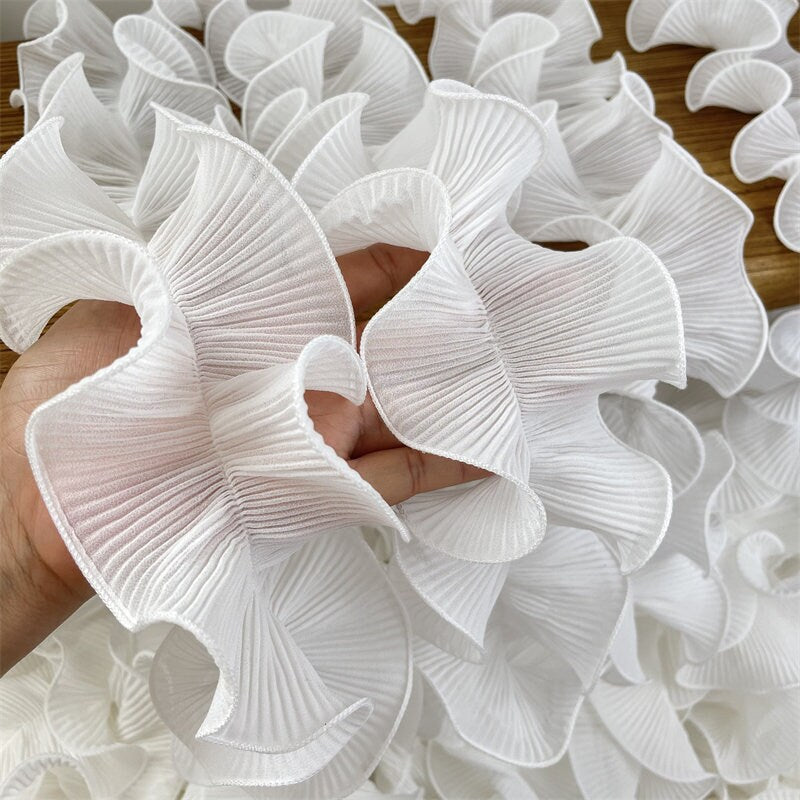 White Pleated Lace Trim, Ruffled Fabric, Lolita Decor, 3.5" Width