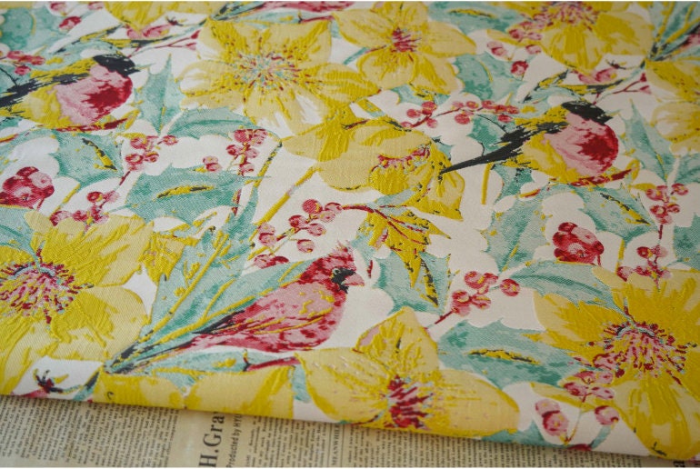 Floral Bird Jacquard Fabric: Bright Upholstery, Costume & Decor - 57"