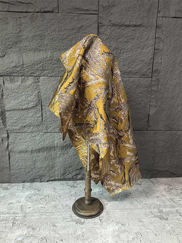 Gold Thread Jacquard Fabric: 3D Mountain Design, 59" Wide