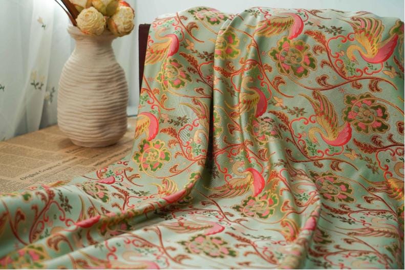 Swan Jacquard Fabric: 64"W Damask Upholstery Fabric - By The Meter