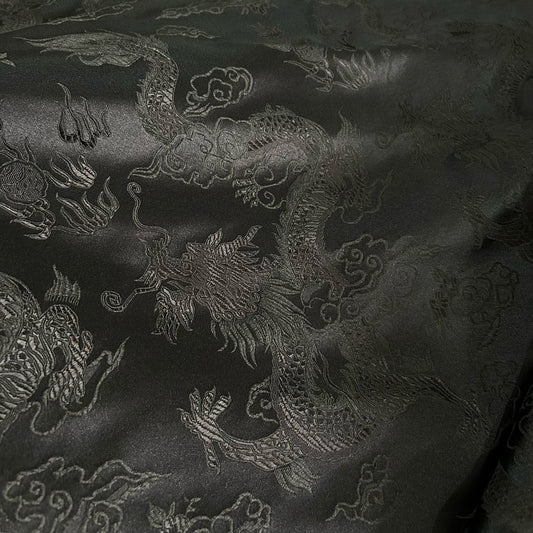 Black Silk Brocade Fabric: Big Dragon Design, 29.5"W - By The Meter