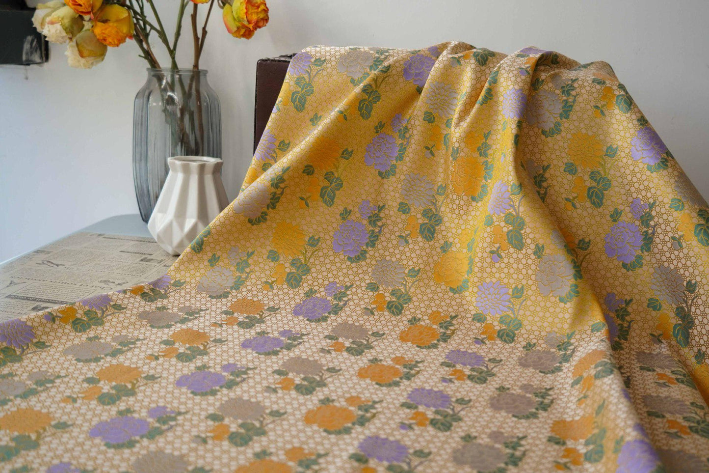 Japanese Kirin Nishijin Brocade Fabric: Yellow Floral Silk, 60" Wide