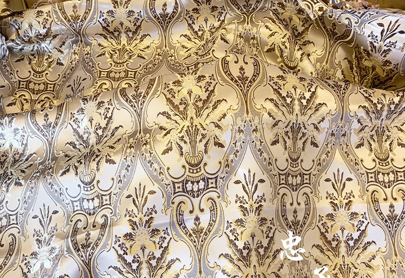 Pale Gold Brocade Jacquard Fabric: Retro Palace Style, 59"W, Polyester