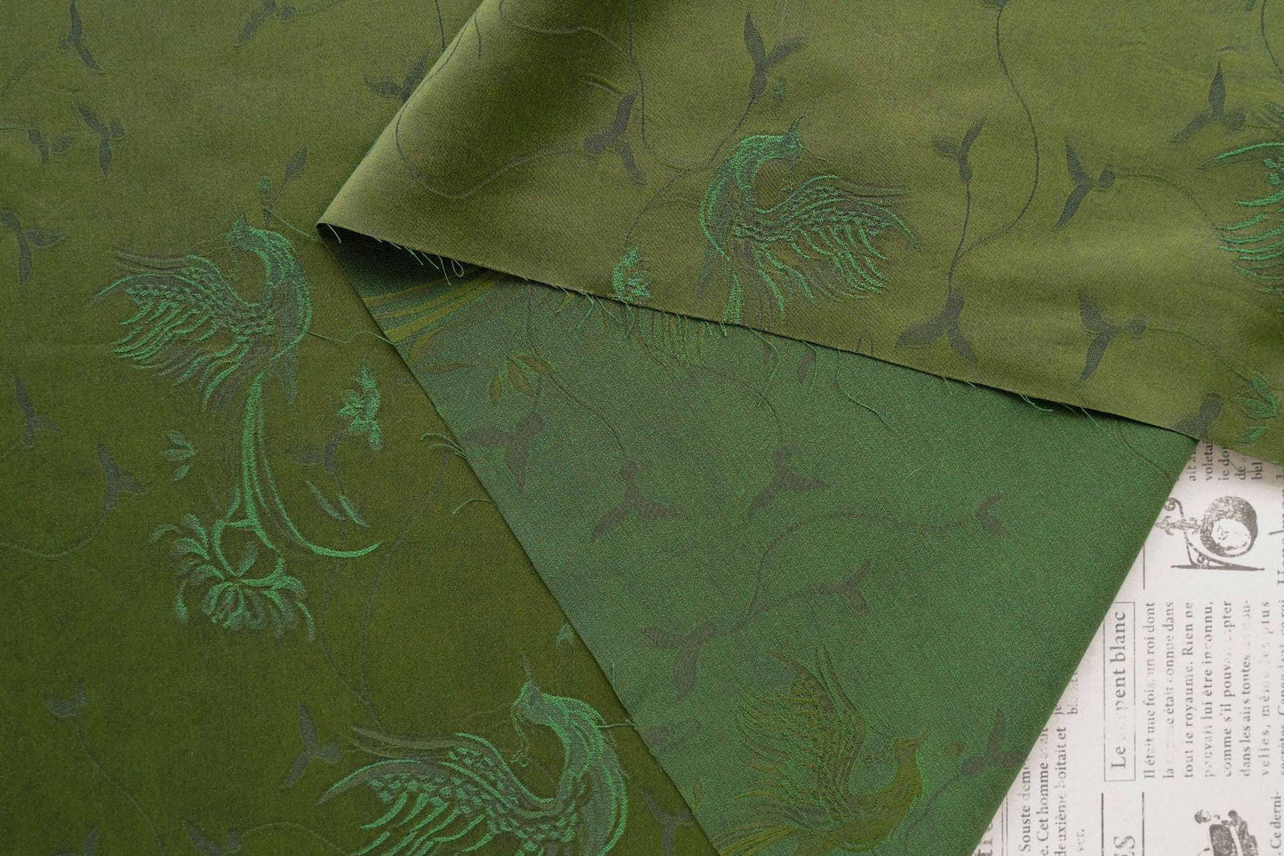 Dark Green Jacquard Fabric with Subtle Phoenix Pattern for Qipao Dressmaking, 54"Wide
