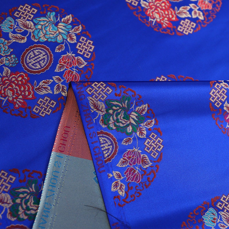 Teal Chinese Silk Brocade Fabric: Floral Upholstery, Costume Sewing (By The Meter)