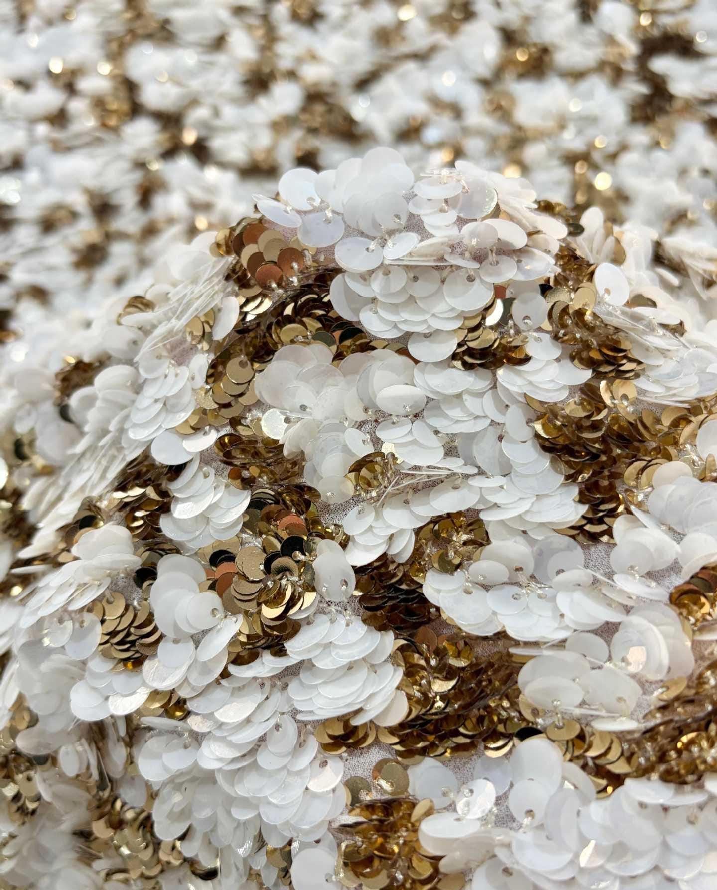 Cream Gold Sequin Layered Embroidered Chiffon Fabric ��� Wedding Dress & Gown Embroidery Materi"Wide