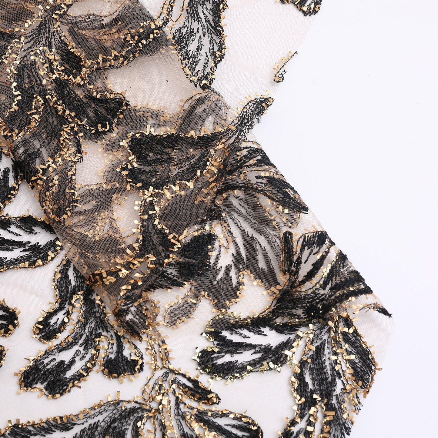 Foil Leaf Sequin Embroidery Fabric: Black & Gold Floral, 50"W