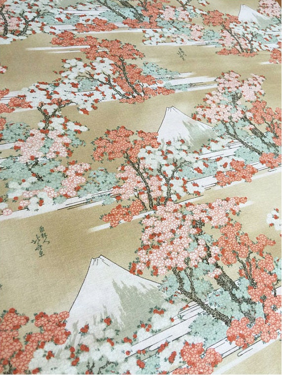 Mount Fuji Cotton Fabric: Japanese Floral Print, Sewing & Upholstery