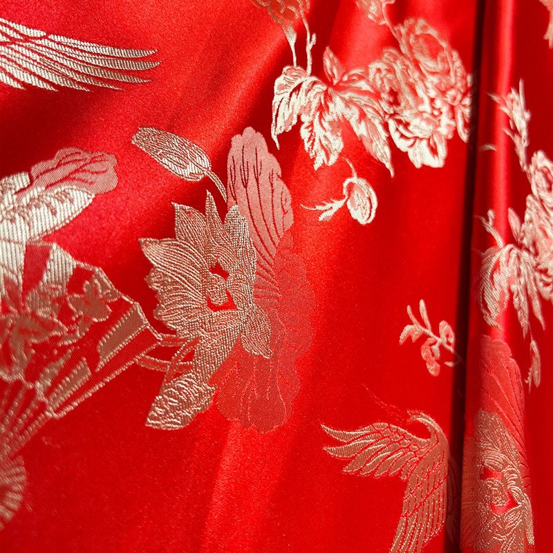 Crane Jacquard Satin Fabric: Red Bird Pattern, 29" Wide, By The Meter