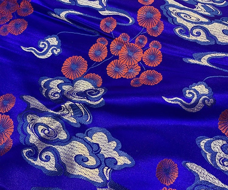 Royal Blue Cloud Brocade Fabric: Silk Rayon Jacquard, 29.5" Wide