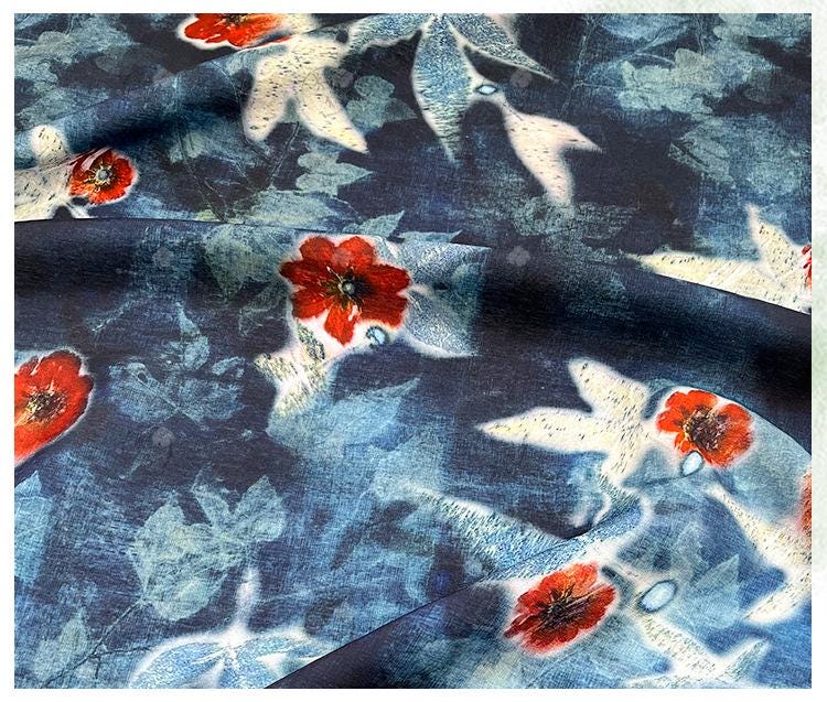 Indigo Butterfly Floral Cotton Fabric ��� Red Accent Pri" Wide