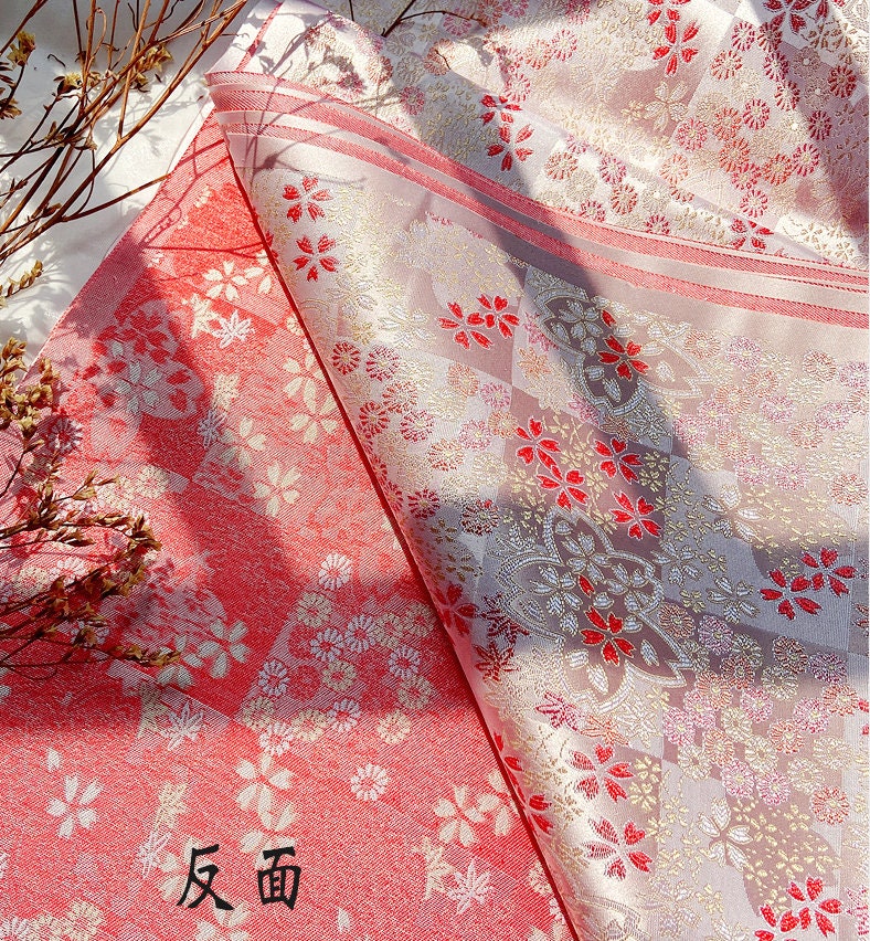 Japanese Cherry Blossom Brocade Fabric: Pink Silk Kinran for Kimono, Bowknot