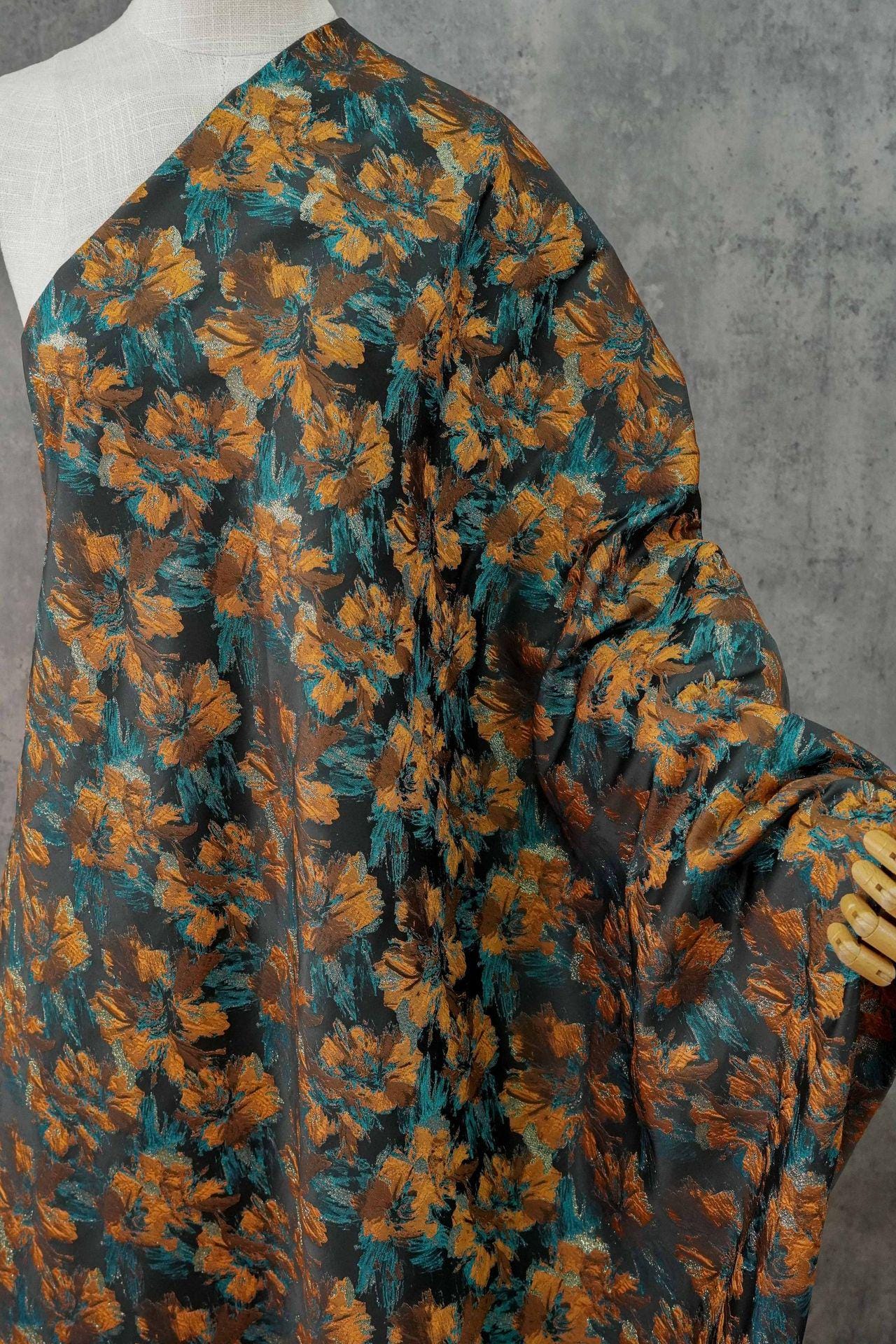 Floral Jacquard Fabric | 3D Embossed Gold Thread, 61" Wide