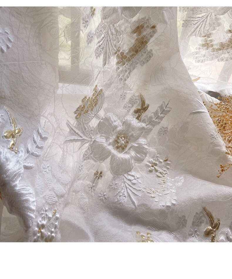 White Dandelion Jacquard Fabric: 3D Gold Lurex Woven Embossed, 57" Wide