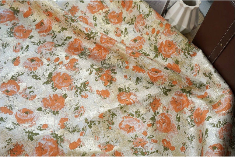 Floral Jacquard Fabric: Soft Oil Painting Style, Gold Accents, 57" Wide