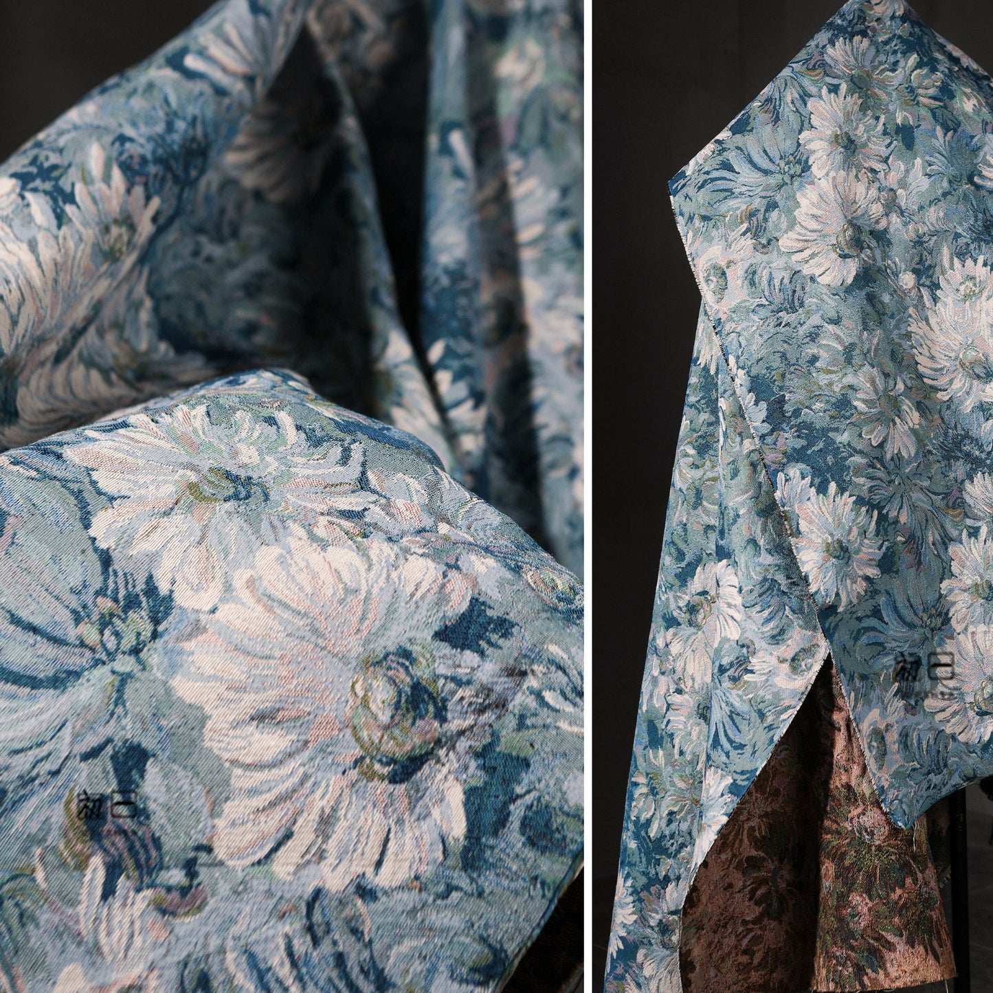 Van Gogh Floral Jacquard Fabric: Blue & White Upholstery, Costume, DIY Bag
