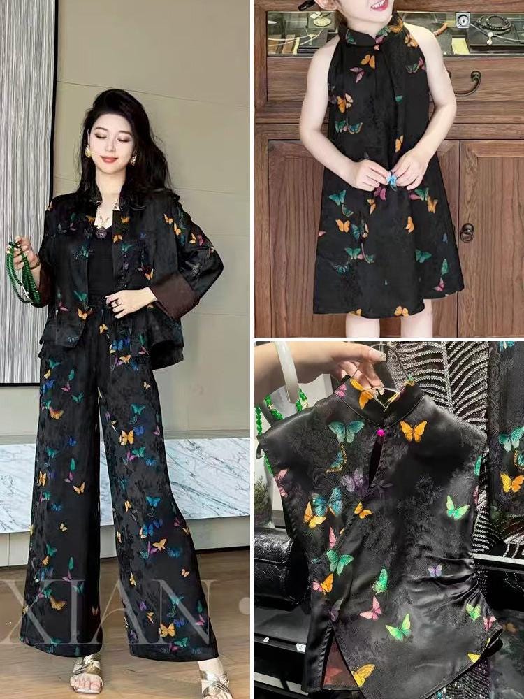 Rayon Shantung Fabric: Black Butterfly Print, Costume, Upholstery, 55"W