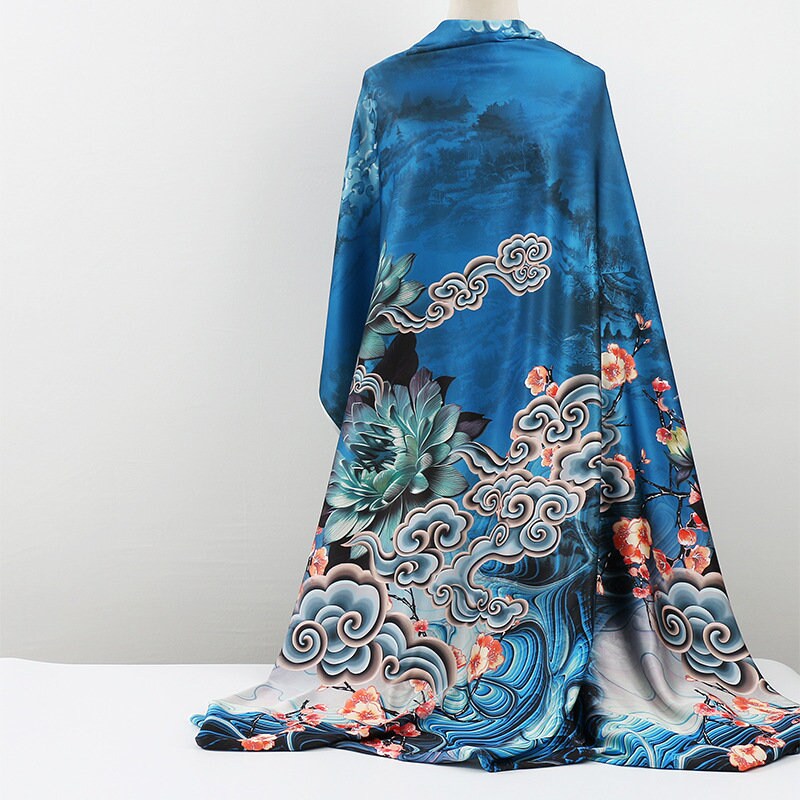 Auspicious Cloud Tea Silk Satin Fabric: 59"W Digital Print