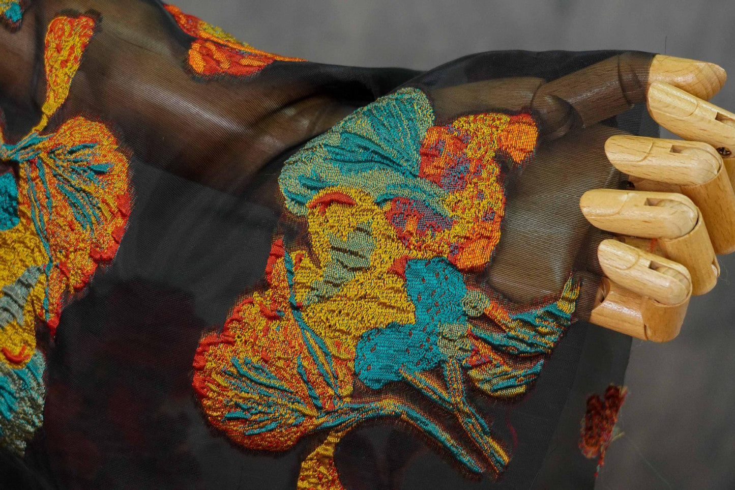 Vintage Black Jacquard Floral Fabric: Semi Sheer Embossed Pattern, 55"W