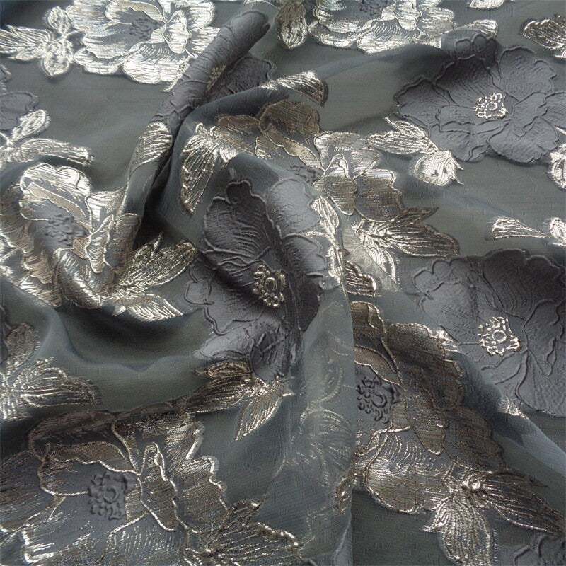 Blue & Gold Floral Jacquard Organza Fabric - 56"W
